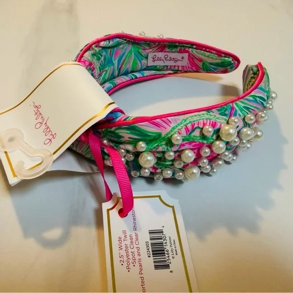 NWT ⚜️💖⚜️ Lilly Pulitzer Knotted Wide Satin Pearl Headband Coming In Hot - Picture 5 of 8